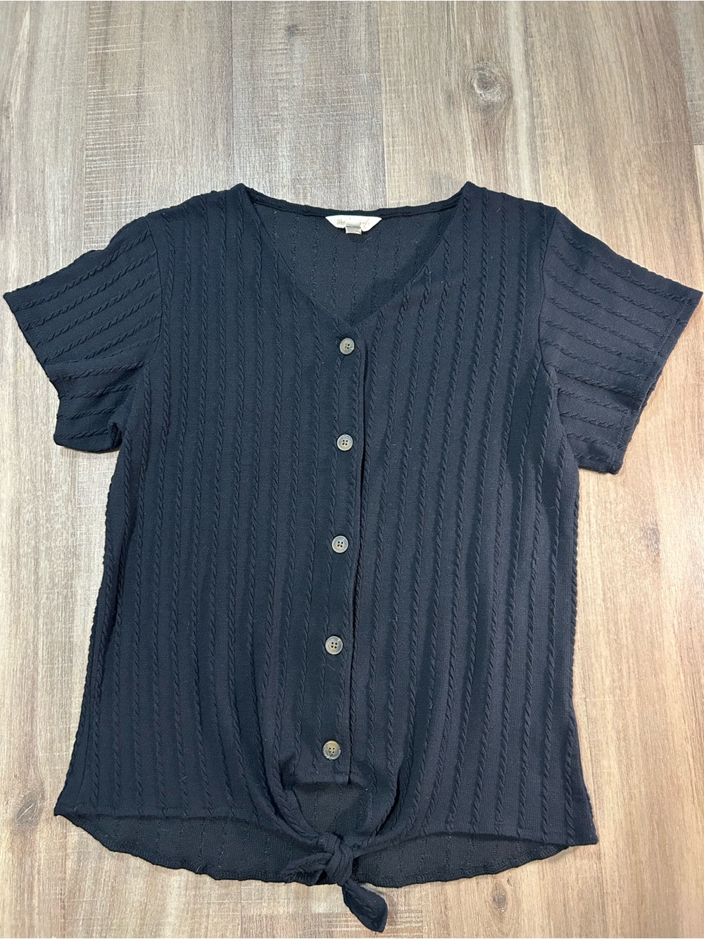 Weatherproof Black Short Sleeve Button-Front Top with Front Tie